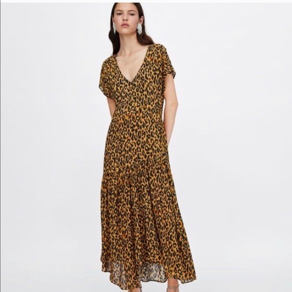 Zara Dresses & Skirts - Zara V-Neck Animal Print Leopard Midi Dress Size XS